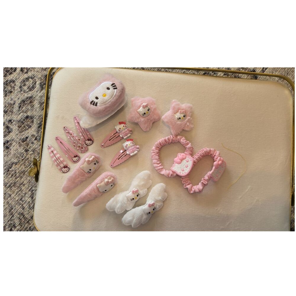 Hello Kitty Girls Hair Clips Ties Barrettes Pink White Bow Star Glitter Set